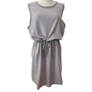 Women's Large Soft Grey Pinstripe Drawstring Causal Preppy Sleeveless Tank Dress